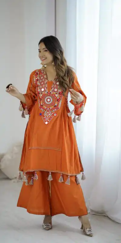 SRK 5286 Orange in Khadi Cotton Mirror Work & Embroidery Work Salwar Suit . Now at just ₹2099. Delivery 4-6 Working Days. Shop now. | Jump Suits, Casual Suits, Creative suits, Designer Suits, Palazzo Suits, Party Wear Suits, Patiala Suits, Salwar suit, Straight Suits