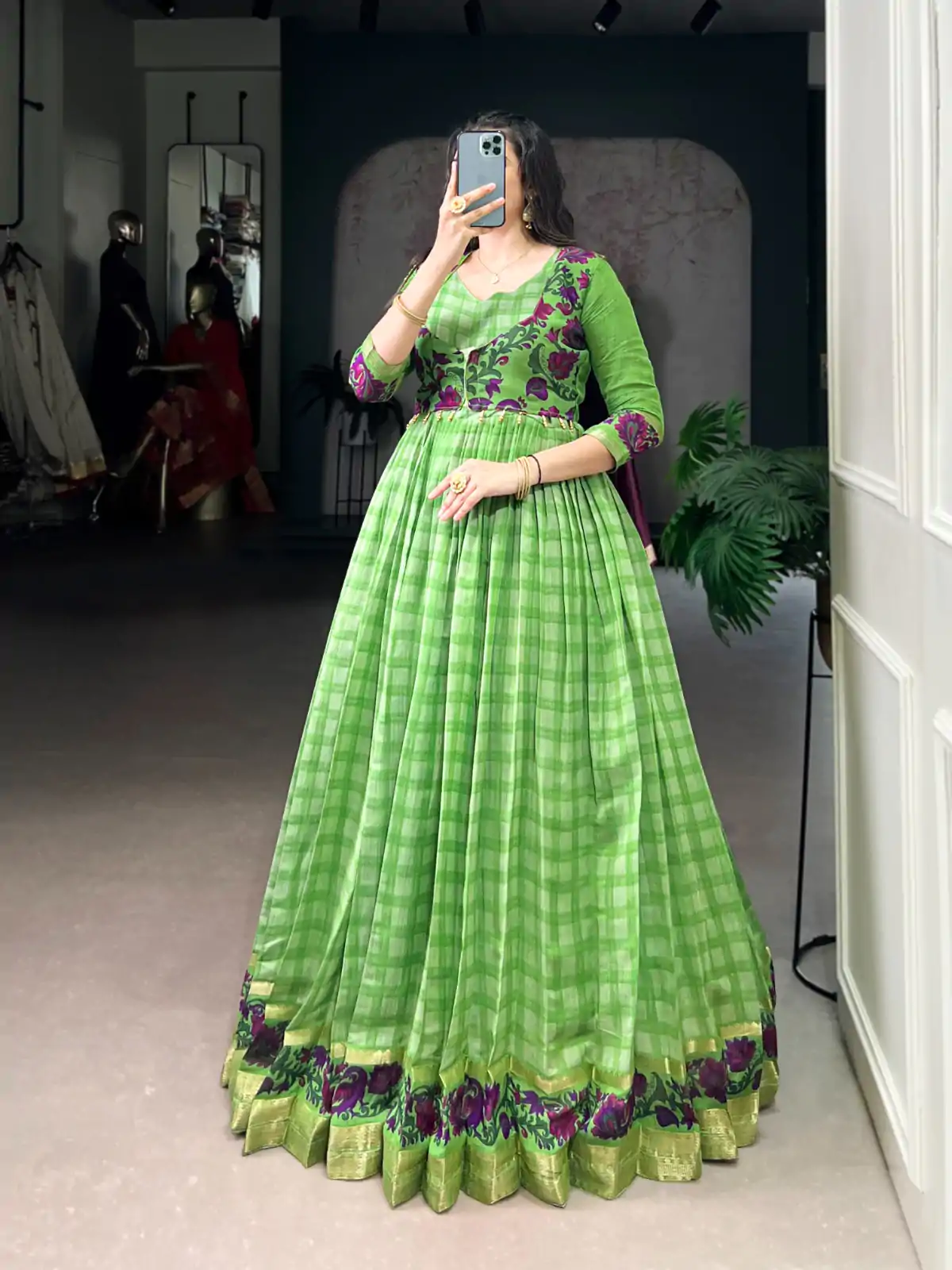 YNF 5034 Parrot Green Polyester Viscose Chanderi Zari Work & Lace Work Gown in . Affordable Price ₹1799. Delivery 4-6 Working Days. Shop now. | Bollywood Gowns, Creative Gowns, Designer Gowns, Embroidered Gowns, Gowns, Party Wear Gowns