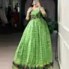 YNF 5034 Parrot Green Polyester Viscose Chanderi Zari Work & Lace Work Gown in . Affordable Price ₹1799. Delivery 4-6 Working Days. Shop now. | Bollywood Gowns, Creative Gowns, Designer Gowns, Embroidered Gowns, Gowns, Party Wear Gowns