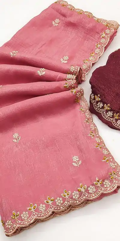 BT 1267 Peach in Crunchy Chiffon Embroidery Work Saree . Wedding, Party, Festive, Events, Exclusive Offer ₹1749. Delivery 4-6 Working Days. Shop now. | Bollywood Sarees, Creative Sarees, Designer Sarees, Embroidered Sarees, Ethnic Saree, Modern Digital sarees, Party Wear Sarees, Sarees