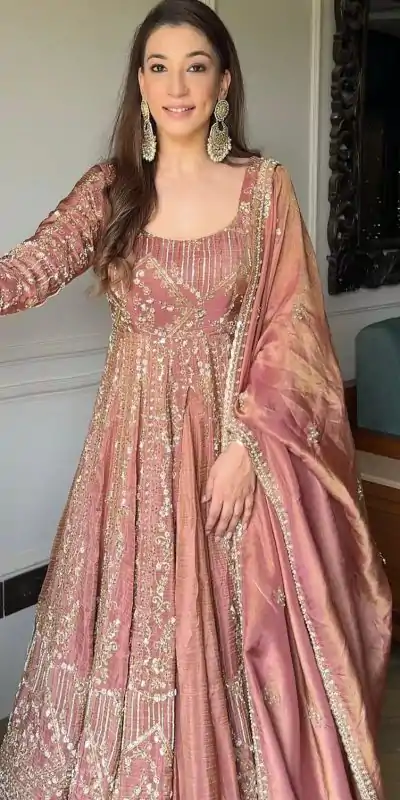 VLM 297 Peach Crunchy Silk with Lace Work & Embroidery Work Gown . Introductory Price ₹2499. Delivery 4-6 Working Days. Shop now. | Bollywood Gowns, Creative Gowns, Designer Gowns, Embroidered Gowns, Gowns, Party Wear Gowns