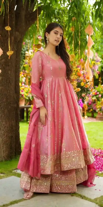 SSR 526 Peach Crunchy Silk With Heavy Embroidery Sequence Work With Fully Flair Salwar Suit Wedding, Party, Festive, Events, Now at just ₹2399. Delivery 4 | Jump Suits, Tops & Bottoms, Track Suits, Trendy Wear, Casual Suits, Creative suits, Designer Suits, Palazzo Suits, Party Wear Suits, Patiala Suits, Salwar suit, Straight Suits