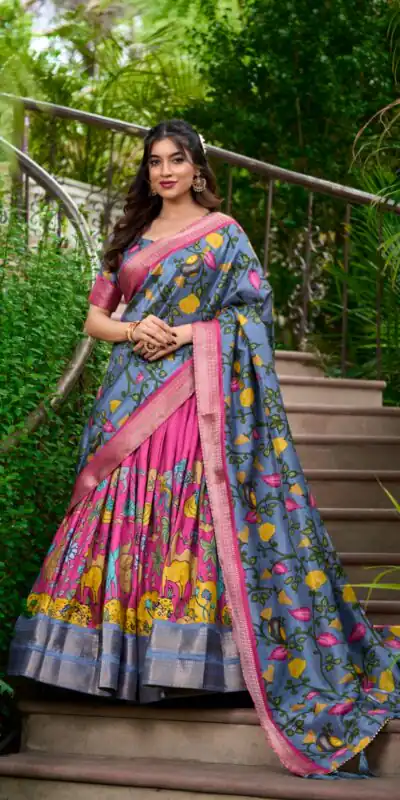 LNB 1222 Pink Dola Silk With Kalamkari Print & Zari Work Lehenga Choli . Grab it for ₹1899. Delivery 4-6 Working Days. Shop now. | Embroidered Lehenga, Bollywood Lehenga, Creative Lehenga, Designer Lehenga, Lehenga, Party Wear Lehenga