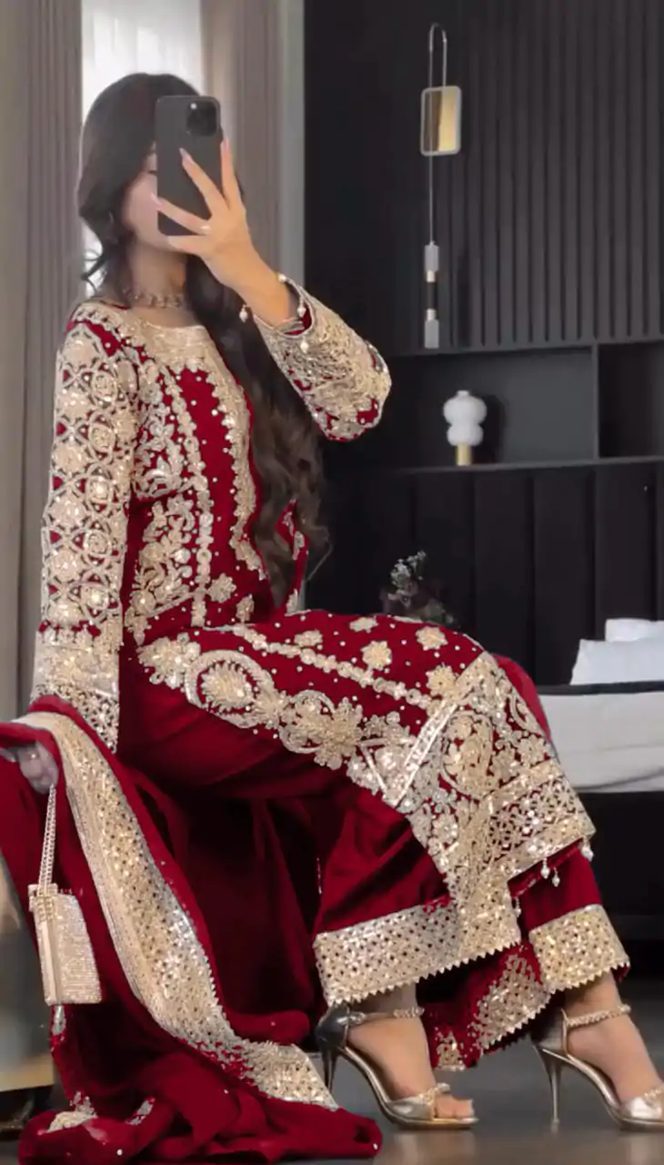SR 1654 Maroon in Faux Georgette With Heavy Embroidery Sequence Work Wedding, Party, Festive, Events Special 4-6 Working Days At 2599/- Only | Jump Suits, Casual Suits, Creative suits, Designer Suits, Palazzo Suits, Party Wear Suits, Patiala Suits, Salwar suit, Straight Suits