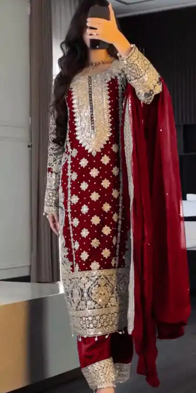 SR 1654 Maroon in Faux Georgette With Heavy Embroidery Sequence Work Wedding, Party, Festive, Events Special 4-6 Working Days At 2599/- Only | Jump Suits, Casual Suits, Creative suits, Designer Suits, Palazzo Suits, Party Wear Suits, Patiala Suits, Salwar suit, Straight Suits