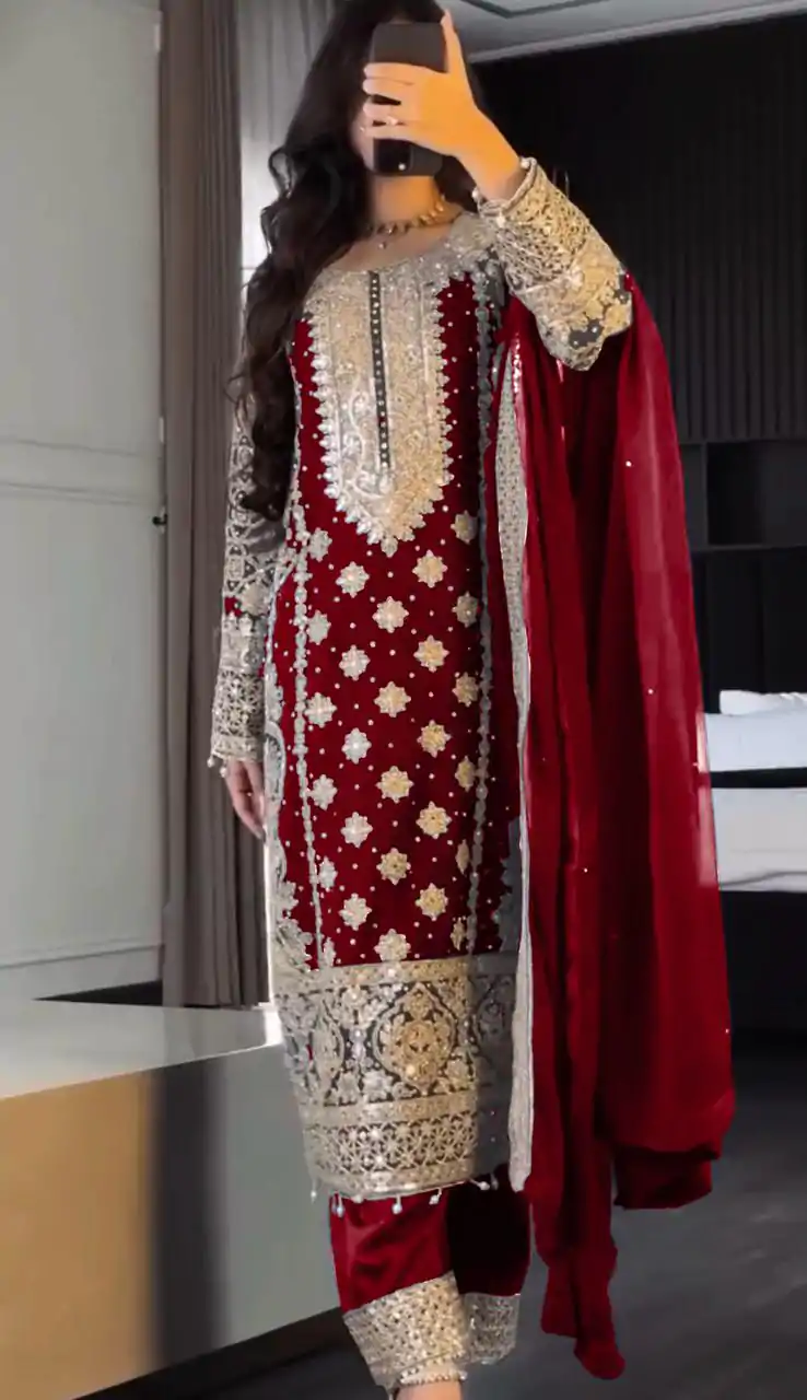 SR 1654 Maroon in Faux Georgette With Heavy Embroidery Sequence Work Wedding, Party, Festive, Events Special 4-6 Working Days At 2599/- Only | Jump Suits, Casual Suits, Creative suits, Designer Suits, Palazzo Suits, Party Wear Suits, Patiala Suits, Salwar suit, Straight Suits