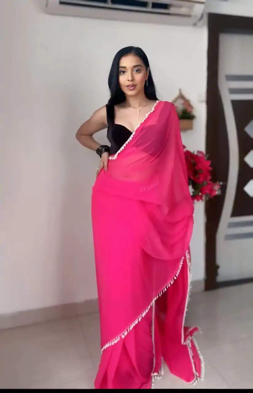 SC 239 Pink Georgette With Lace Work & Lace Border Saree . Wedding, Party, Festive, Events, Exclusive Offer ₹1599. Delivery 4-6 Working Days. Shop now. | Bollywood Sarees, Creative Sarees, Designer Sarees, Embroidered Sarees, Ethnic Saree, Modern Digital sarees, Party Wear Sarees, Sarees