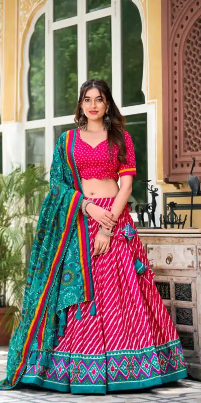 LNB 1224 Pink Tasar Silk Lehenga Choli With Bandhej Print & Patola Print. Now at just ₹2449. Delivery 4-6 Working Days. Shop now. | Bollywood Lehenga, Creative Lehenga, Designer Lehenga, Embroidered Lehenga, Lehenga, Party Wear Lehenga