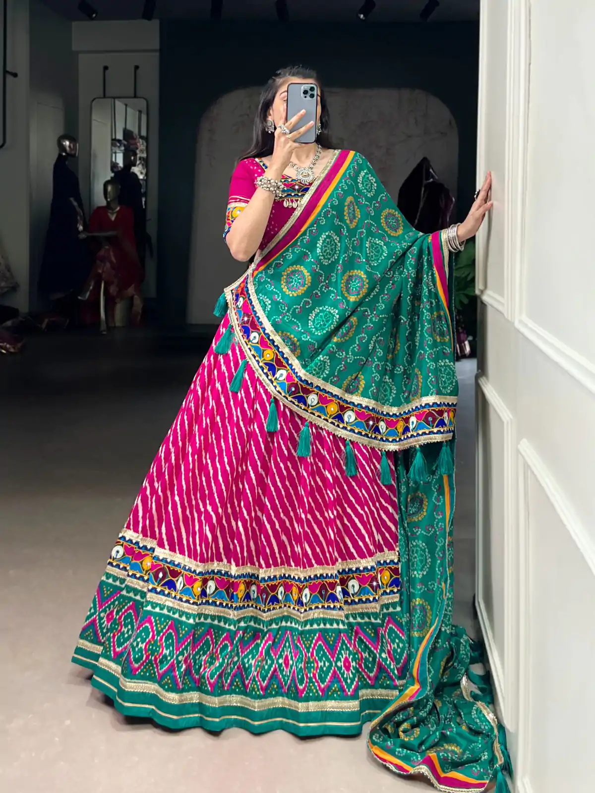 LNB 1741 Pink Color Tasar Silk Leheriya Patola Print Mirror Gamthi Work Lehenga Choli Wedding, Party, Festive, Events Etc. Delivery 4-6 Working Days Rs 2999 | Bollywood Lehenga, Creative Lehenga, Designer Lehenga, Embroidered Lehenga, Lehenga, Party Wear Lehenga