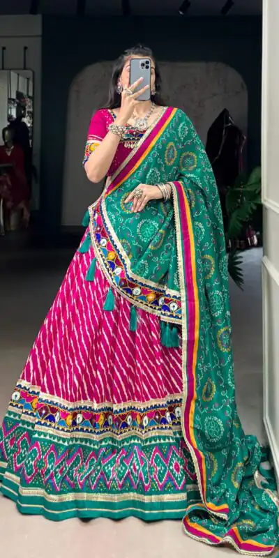 LNB 1741 Pink Color Tasar Silk Leheriya Patola Print Mirror Gamthi Work Lehenga Choli Wedding, Party, Festive, Events Etc. Delivery 4-6 Working Days Rs 2999 | Bollywood Lehenga, Creative Lehenga, Designer Lehenga, Embroidered Lehenga, Lehenga, Party Wear Lehenga