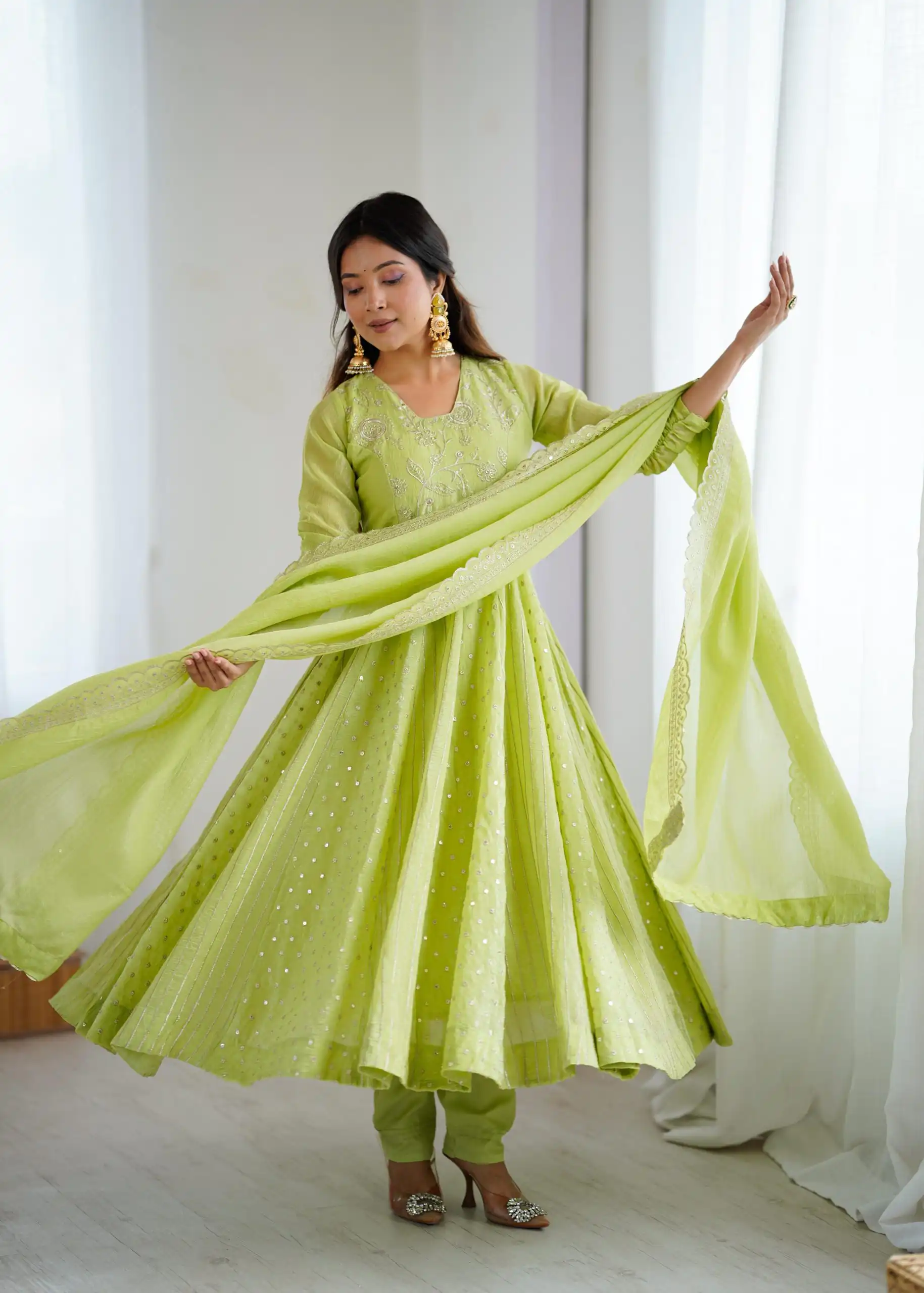 SRK 5293 Pista With Crunchy Silk With Fully Flair with Lace Work & Embroidery Work Anarkali Gown . Introductory Price ₹2149. Delivery 4-6 Worki | Bollywood Gowns, Creative Gowns, Designer Gowns, Embroidered Gowns, Gowns, Party Wear Gowns
