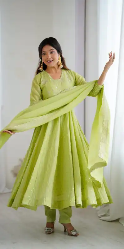 SRK 5293 Pista With Crunchy Silk With Fully Flair with Lace Work & Embroidery Work Anarkali Gown . Introductory Price ₹2149. Delivery 4-6 Worki | Bollywood Gowns, Creative Gowns, Designer Gowns, Embroidered Gowns, Gowns, Party Wear Gowns