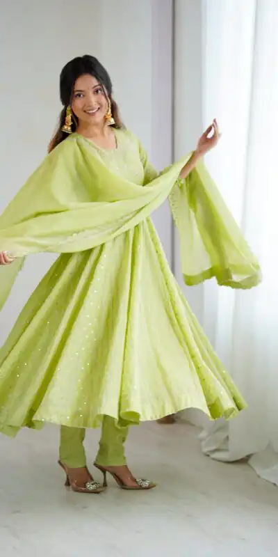 SRK 5293 Pista With Crunchy Silk With Fully Flair with Lace Work & Embroidery Work Anarkali Gown . Introductory Price ₹2149. Delivery 4-6 Worki | Bollywood Gowns, Creative Gowns, Designer Gowns, Embroidered Gowns, Gowns, Party Wear Gowns