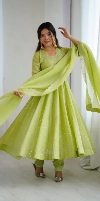SRK 5293 Pista With Crunchy Silk With Fully Flair with Lace Work & Embroidery Work Anarkali Gown . Introductory Price ₹2149. Delivery 4-6 Worki | Bollywood Gowns, Creative Gowns, Designer Gowns, Embroidered Gowns, Gowns, Party Wear Gowns