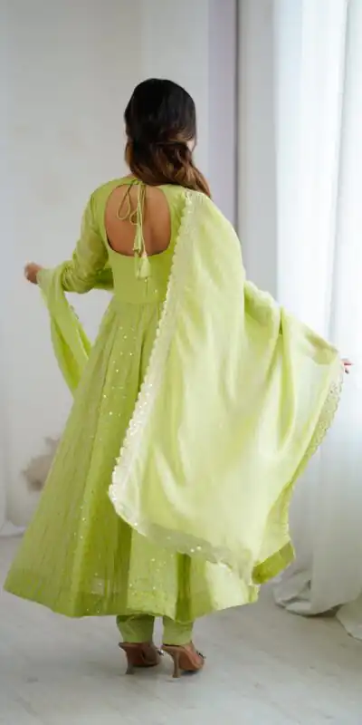 SRK 5293 Pista With Crunchy Silk With Fully Flair with Lace Work & Embroidery Work Anarkali Gown . Introductory Price ₹2149. Delivery 4-6 Worki | Bollywood Gowns, Creative Gowns, Designer Gowns, Embroidered Gowns, Gowns, Party Wear Gowns