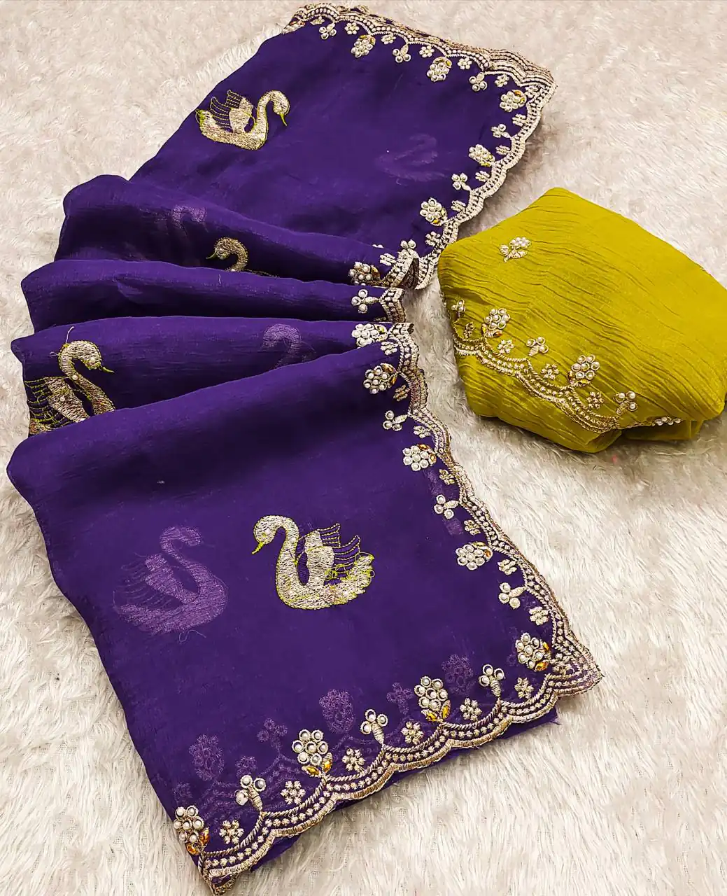 BT 1284 Purple Crunchy Chiffon Saree Perfect for Wedding, Party, Ethnic Day, Ganesh Chaturthi, Sangeet . Best Price ₹1799. Delivery 4-6 Working Days | Bollywood Sarees, Creative Sarees, Designer Sarees, Embroidered Sarees, Ethnic Saree, Modern Digital sarees, Party Wear Sarees, Sarees