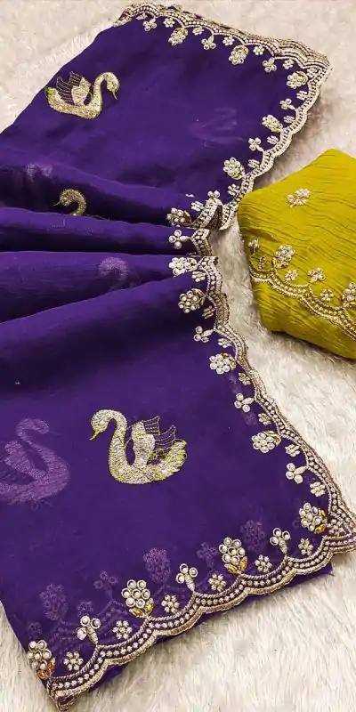 BT 1284 Purple Crunchy Chiffon Saree Perfect for Wedding, Party, Ethnic Day, Ganesh Chaturthi, Sangeet . Best Price ₹1799. Delivery 4-6 Working Days | Bollywood Sarees, Creative Sarees, Designer Sarees, Embroidered Sarees, Ethnic Saree, Modern Digital sarees, Party Wear Sarees, Sarees