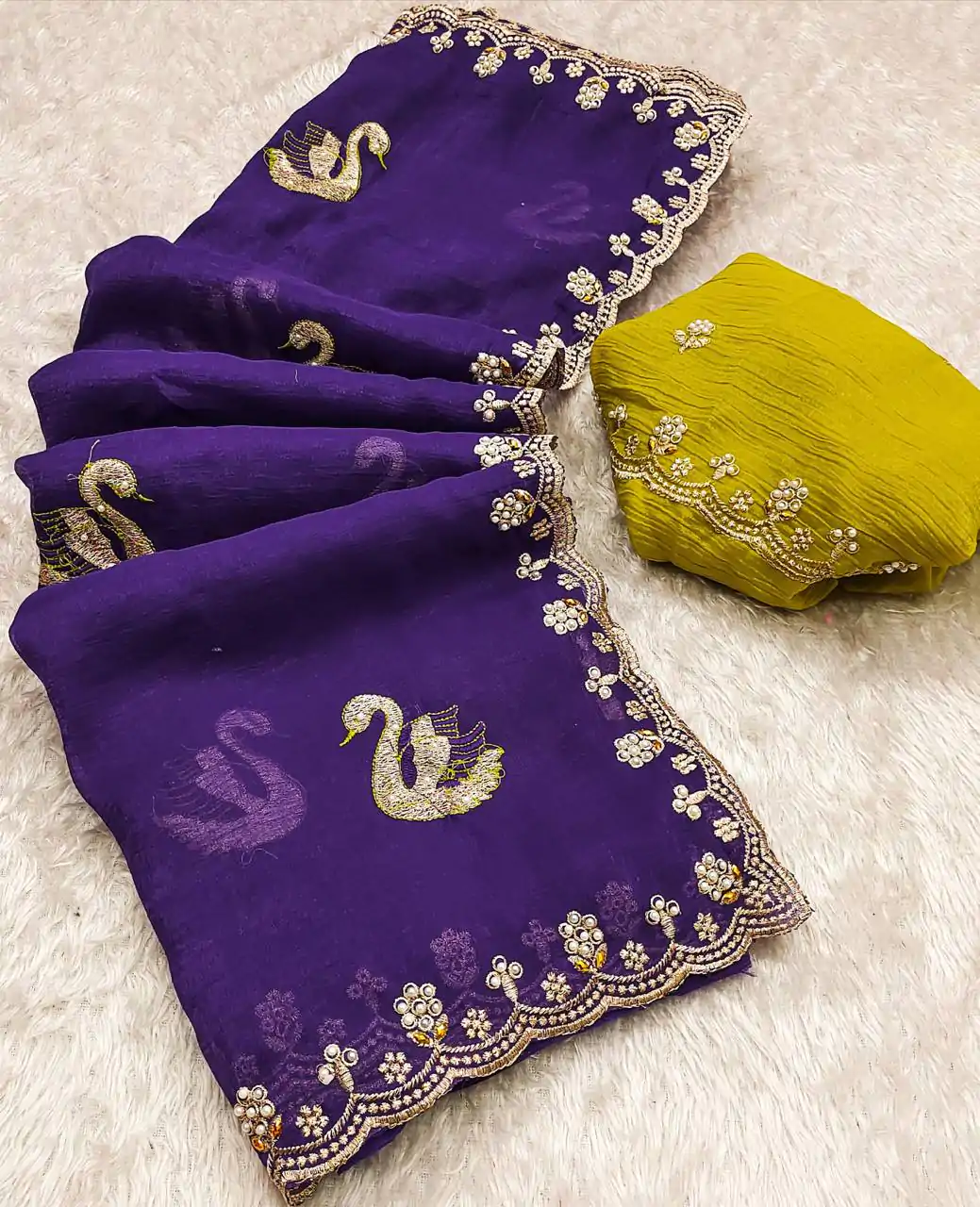 BT 1284 Purple Crunchy Chiffon Saree Perfect for Wedding, Party, Ethnic Day, Ganesh Chaturthi, Sangeet . Best Price ₹1799. Delivery 4-6 Working Days | Bollywood Sarees, Creative Sarees, Designer Sarees, Embroidered Sarees, Ethnic Saree, Modern Digital sarees, Party Wear Sarees, Sarees