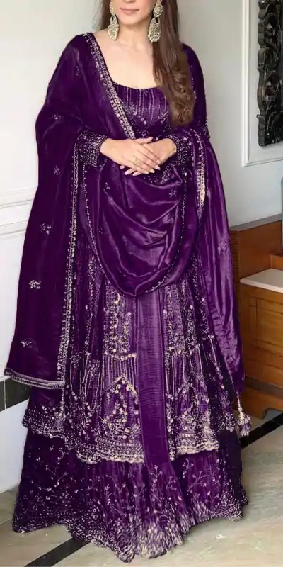 VLM 297 Purple Crunchy Silk with Lace Work & Embroidery Work Gown . Introductory Price ₹2499. Delivery 4-6 Working Days. Shop now. | Bollywood Gowns, Creative Gowns, Designer Gowns, Embroidered Gowns, Gowns, Party Wear Gowns