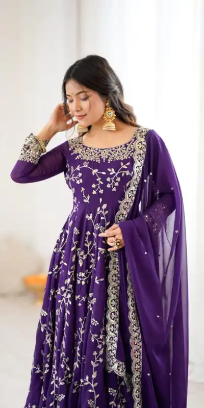SRK 5299 Purple Georgette With Sequence Work Perfect for Wedding, Party, Lohri, Temple Visit, Ganesh Chaturthi Festive, Events, 4-6 Working Days At 2149 | Bollywood Gowns, Creative Gowns, Designer Gowns, Embroidered Gowns, Gowns, Party Wear Gowns