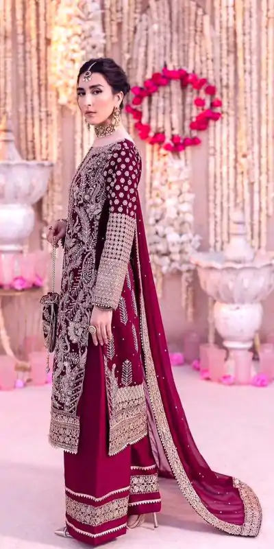 SRK 5297 Rani Pink Heavy Faux Georgette With Chain Stitch Embroidery Sequence Work Salwar Suit Wedding, Party, Festive, Events, 4-6 Working Days At 2399 | Jump Suits, Casual Suits, Creative suits, Designer Suits, Palazzo Suits, Party Wear Suits, Patiala Suits, Salwar suit, Straight Suits