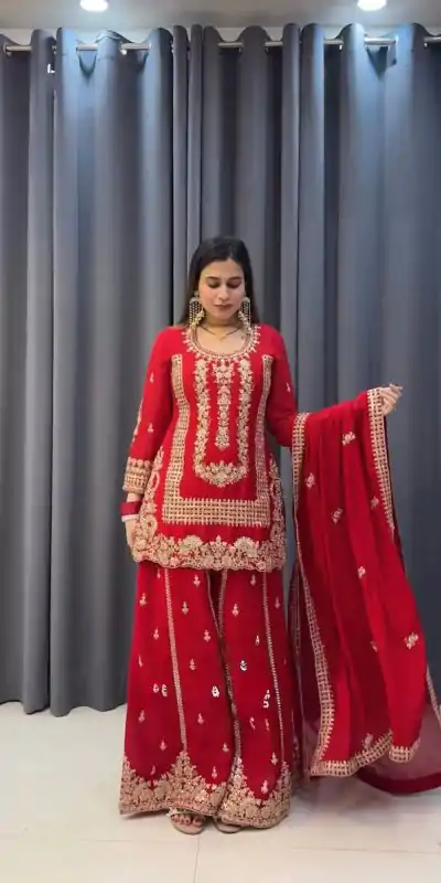 KD 1533 Red Blooming Georgette Salwar Suit Perfect for Wedding, Party, Ethnic Day, Housewarming, Pongal . Available at ₹2149 only. Delivery 4-6 Workin | Designer Suits, Casual Suits, Creative suits, Palazzo Suits, Party Wear Suits, Patiala Suits, Salwar suit, Straight Suits