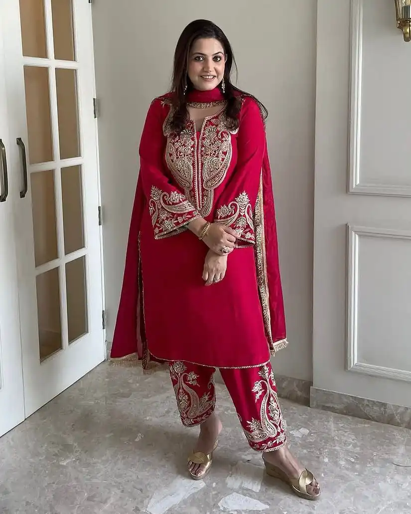 ZSR 3097 Red Pure Chinnon Silk With Embroidery Sequence Work With Full Sleeve Salwar Suit Wedding, Party, Festive, Events Exclusive Offer ₹1899. D | Jump Suits, Tops & Bottoms, Track Suits, Trendy Wear, Casual Suits, Creative suits, Designer Suits, Palazzo Suits, Party Wear Suits, Patiala Suits, Salwar suit, Straight Suits