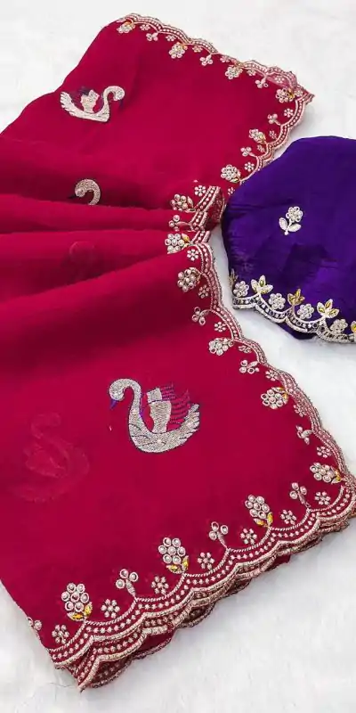 BT 1284 Red Crunchy Chiffon Saree Perfect for Wedding, Party, Ethnic Day, Ganesh Chaturthi, Sangeet . Best Price ₹1799. Delivery 4-6 Working Days | Bollywood Sarees, Creative Sarees, Designer Sarees, Embroidered Sarees, Ethnic Saree, Modern Digital sarees, Party Wear Sarees, Sarees