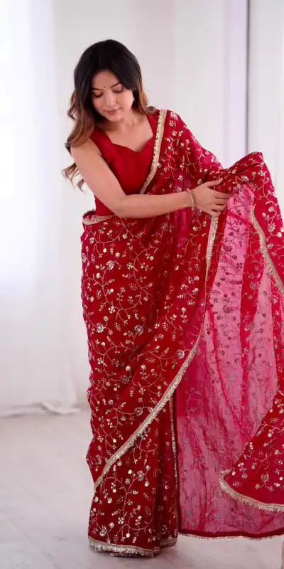 SRK 5296 Red Crunchy Silk Lace Work & Embroidery Work Saree in . Special Price ₹1799. Delivery 4-6 Working Days. Shop now. | Bollywood Sarees, Creative Sarees, Designer Sarees, Embroidered Sarees, Ethnic Saree, Modern Digital sarees, Party Wear Sarees, Sarees