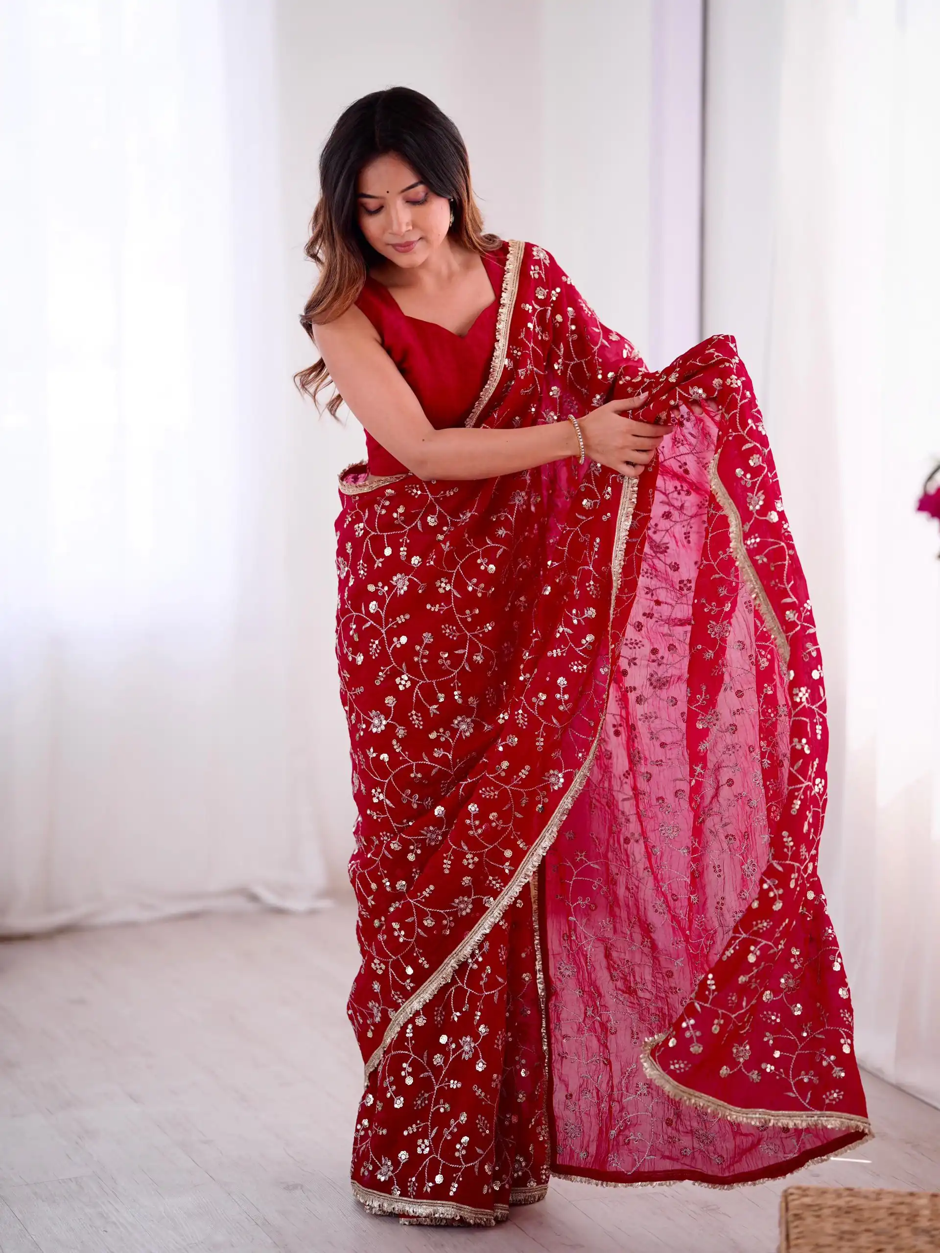 SRK 5296 Red Crunchy Silk Lace Work & Embroidery Work Saree in . Special Price ₹1799. Delivery 4-6 Working Days. Shop now. | Bollywood Sarees, Creative Sarees, Designer Sarees, Embroidered Sarees, Ethnic Saree, Modern Digital sarees, Party Wear Sarees, Sarees