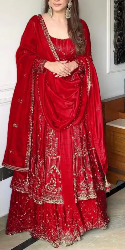 VLM 297 Red Crunchy Silk with Lace Work & Embroidery Work Gown . Introductory Price ₹2499. Delivery 4-6 Working Days. Shop now. | Bollywood Gowns, Creative Gowns, Designer Gowns, Embroidered Gowns, Gowns, Party Wear Gowns