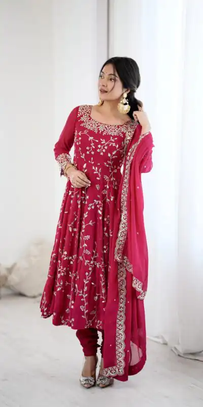 SRK 5299 Red Faux Georgette With Sequence Work Perfect for Wedding, Party, Lohri, Temple Visit, Ganesh Chaturthi Festive, Events, 4-6 Working Days At 2149 | Bollywood Gowns, Creative Gowns, Designer Gowns, Embroidered Gowns, Gowns, Party Wear Gowns