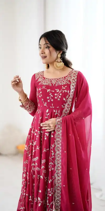 SRK 5299 Red Faux Georgette With Sequence Work Perfect for Wedding, Party, Lohri, Temple Visit, Ganesh Chaturthi Festive, Events, 4-6 Working Days At 2149 | Bollywood Gowns, Creative Gowns, Designer Gowns, Embroidered Gowns, Gowns, Party Wear Gowns