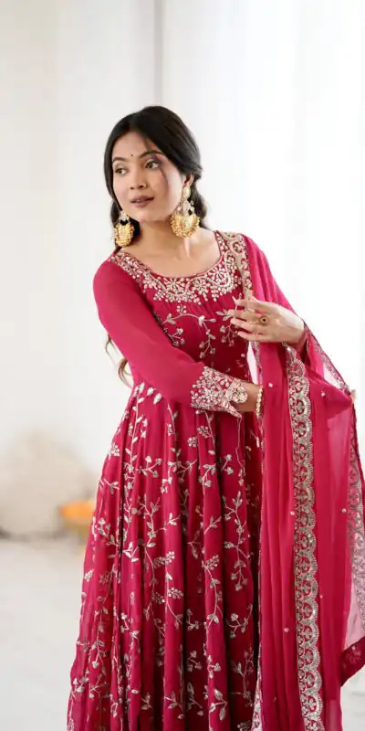 SRK 5299 Red Faux Georgette With Sequence Work Perfect for Wedding, Party, Lohri, Temple Visit, Ganesh Chaturthi Festive, Events, 4-6 Working Days At 2149 | Bollywood Gowns, Creative Gowns, Designer Gowns, Embroidered Gowns, Gowns, Party Wear Gowns