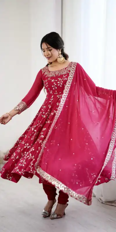 SRK 5299 Red Faux Georgette With Sequence Work Perfect for Wedding, Party, Lohri, Temple Visit, Ganesh Chaturthi Festive, Events, 4-6 Working Days At 2149 | Bollywood Gowns, Creative Gowns, Designer Gowns, Embroidered Gowns, Gowns, Party Wear Gowns