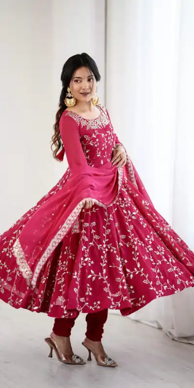 SRK 5299 Red Faux Georgette With Sequence Work Perfect for Wedding, Party, Lohri, Temple Visit, Ganesh Chaturthi Festive, Events, 4-6 Working Days At 2149 | Bollywood Gowns, Creative Gowns, Designer Gowns, Embroidered Gowns, Gowns, Party Wear Gowns