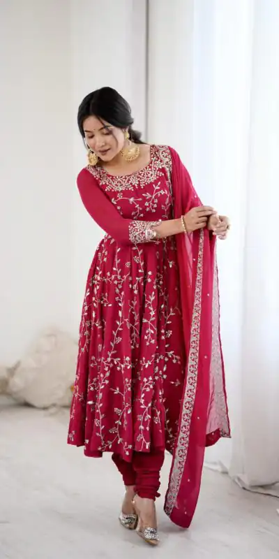 SRK 5299 Red Faux Georgette With Sequence Work Perfect for Wedding, Party, Lohri, Temple Visit, Ganesh Chaturthi Festive, Events, 4-6 Working Days At 2149 | Bollywood Gowns, Creative Gowns, Designer Gowns, Embroidered Gowns, Gowns, Party Wear Gowns