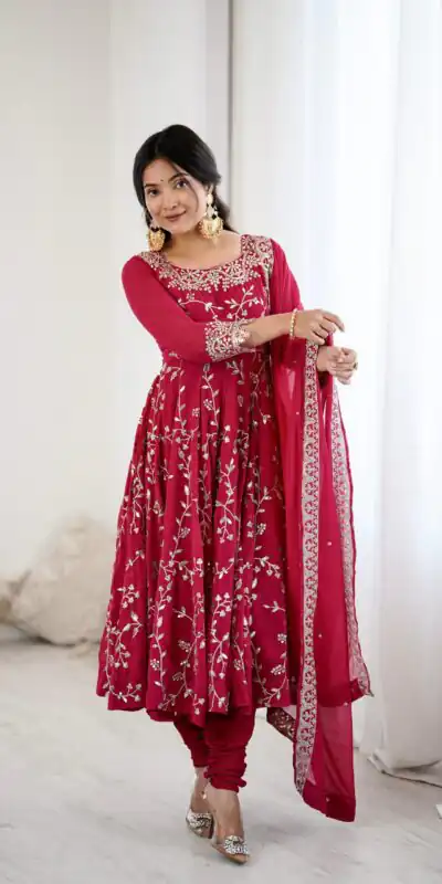 SRK 5299 Red Faux Georgette With Sequence Work Perfect for Wedding, Party, Lohri, Temple Visit, Ganesh Chaturthi Festive, Events, 4-6 Working Days At 2149 | Bollywood Gowns, Creative Gowns, Designer Gowns, Embroidered Gowns, Gowns, Party Wear Gowns