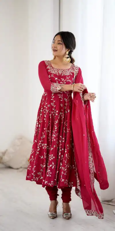 SRK 5299 Red Faux Georgette With Sequence Work Perfect for Wedding, Party, Lohri, Temple Visit, Ganesh Chaturthi Festive, Events, 4-6 Working Days At 2149 | Bollywood Gowns, Creative Gowns, Designer Gowns, Embroidered Gowns, Gowns, Party Wear Gowns