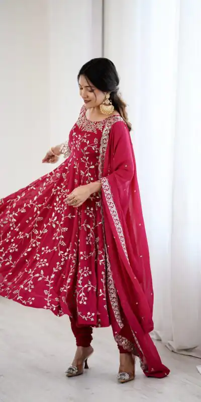 SRK 5299 Red Faux Georgette With Sequence Work Perfect for Wedding, Party, Lohri, Temple Visit, Ganesh Chaturthi Festive, Events, 4-6 Working Days At 2149 | Bollywood Gowns, Creative Gowns, Designer Gowns, Embroidered Gowns, Gowns, Party Wear Gowns