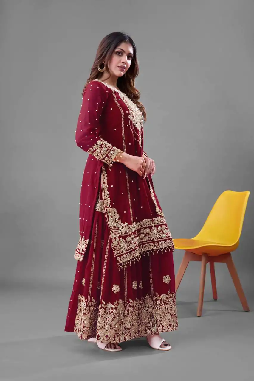 SR 1688 Red Heavy Faux Georgette With Heavy Embroidery Wedding, Party, Festive, Events, Navratri Garba, Reception, Haldi, 4-6 Working Days At 1949 Only | Designer Suits, Jump Suits, Casual Suits, Creative suits, Palazzo Suits, Party Wear Suits, Patiala Suits, Salwar suit, Straight Suits