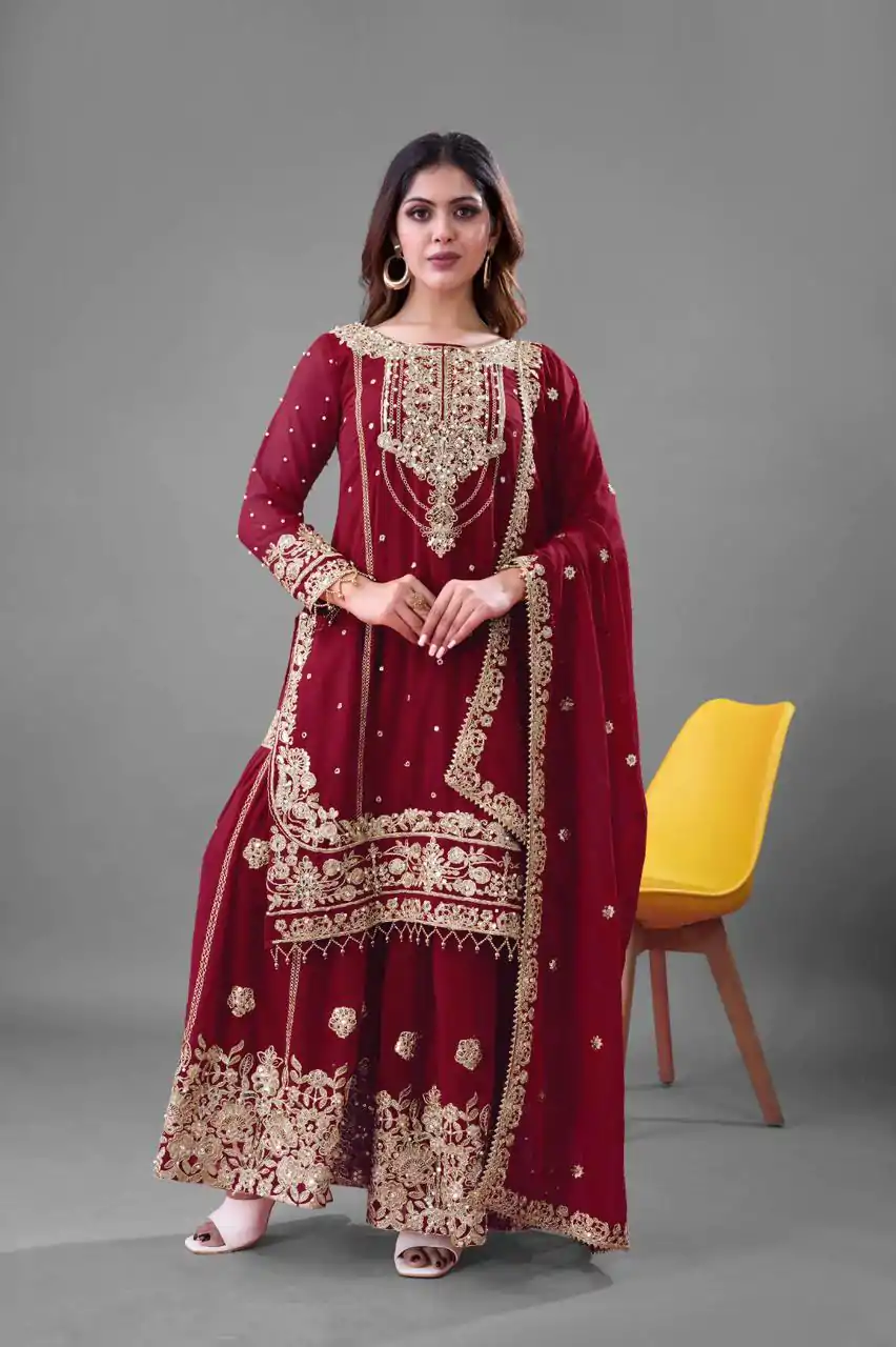 SR 1688 Red Heavy Faux Georgette With Heavy Embroidery Wedding, Party, Festive, Events, Navratri Garba, Reception, Haldi, 4-6 Working Days At 1949 Only | Designer Suits, Jump Suits, Casual Suits, Creative suits, Palazzo Suits, Party Wear Suits, Patiala Suits, Salwar suit, Straight Suits