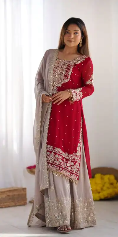 SR 1676 Red Heavy Faux Georgette With Heavy Embroidery Perfect for Wedding, Party, Ethnic Day, Reception, Diwali 4-6 Working Days At 2049/- Only | Jump Suits, Casual Suits, Creative suits, Designer Suits, Palazzo Suits, Party Wear Suits, Patiala Suits, Salwar suit, Straight Suits