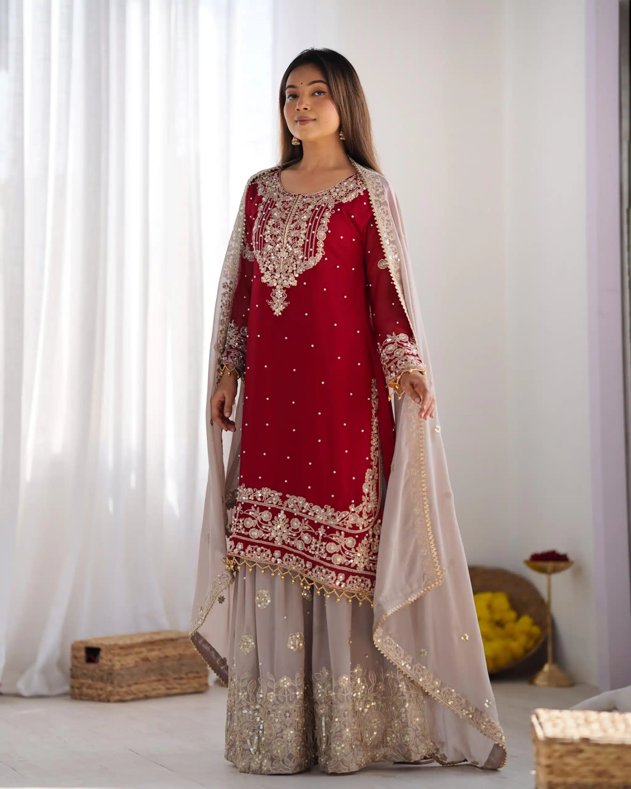 SR 1676 Red Heavy Faux Georgette With Heavy Embroidery Perfect for Wedding, Party, Ethnic Day, Reception, Diwali 4-6 Working Days At 2049/- Only | Jump Suits, Casual Suits, Creative suits, Designer Suits, Palazzo Suits, Party Wear Suits, Patiala Suits, Salwar suit, Straight Suits