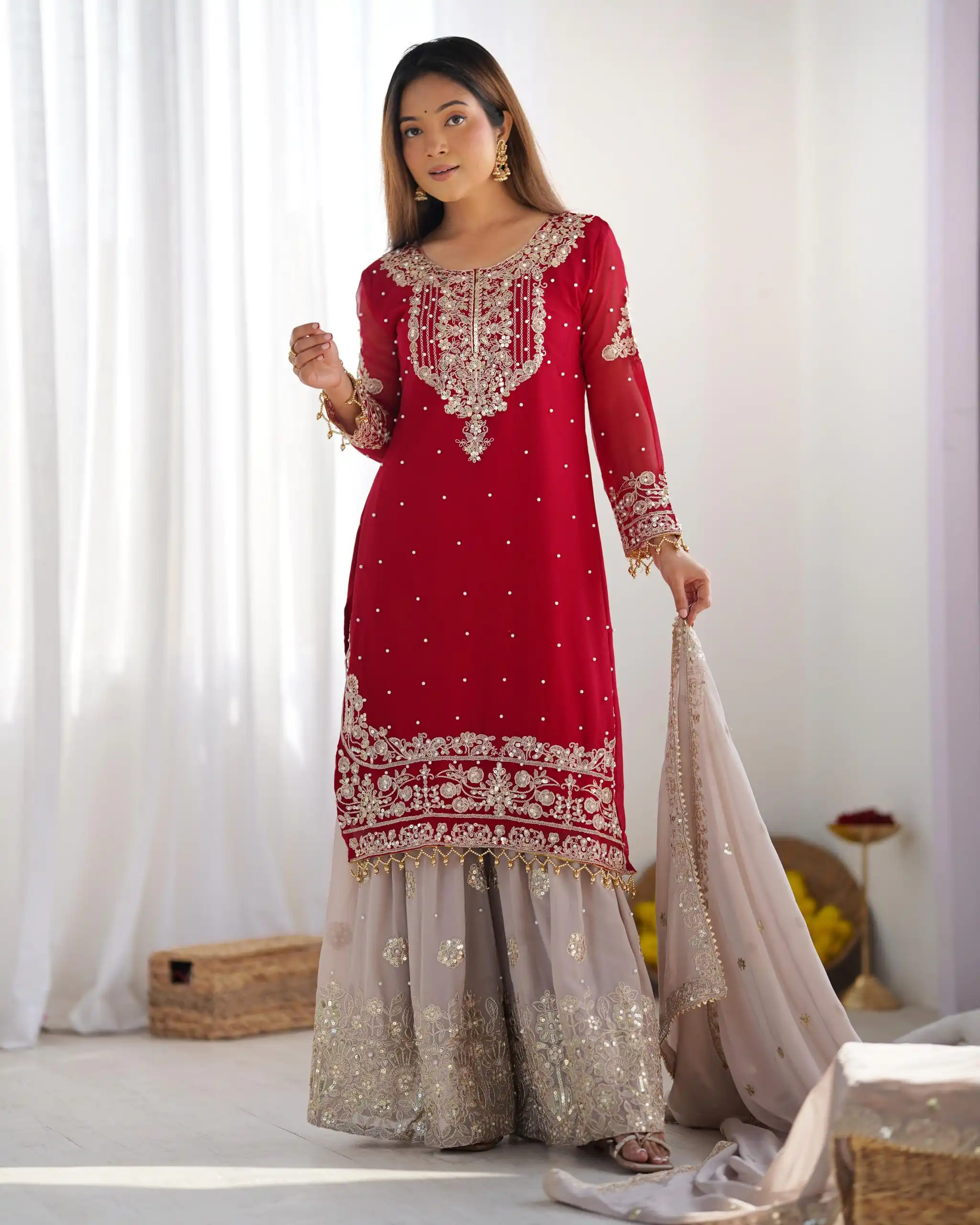 SR 1676 Red Heavy Faux Georgette With Heavy Embroidery Perfect for Wedding, Party, Ethnic Day, Reception, Diwali 4-6 Working Days At 2049/- Only | Jump Suits, Casual Suits, Creative suits, Designer Suits, Palazzo Suits, Party Wear Suits, Patiala Suits, Salwar suit, Straight Suits