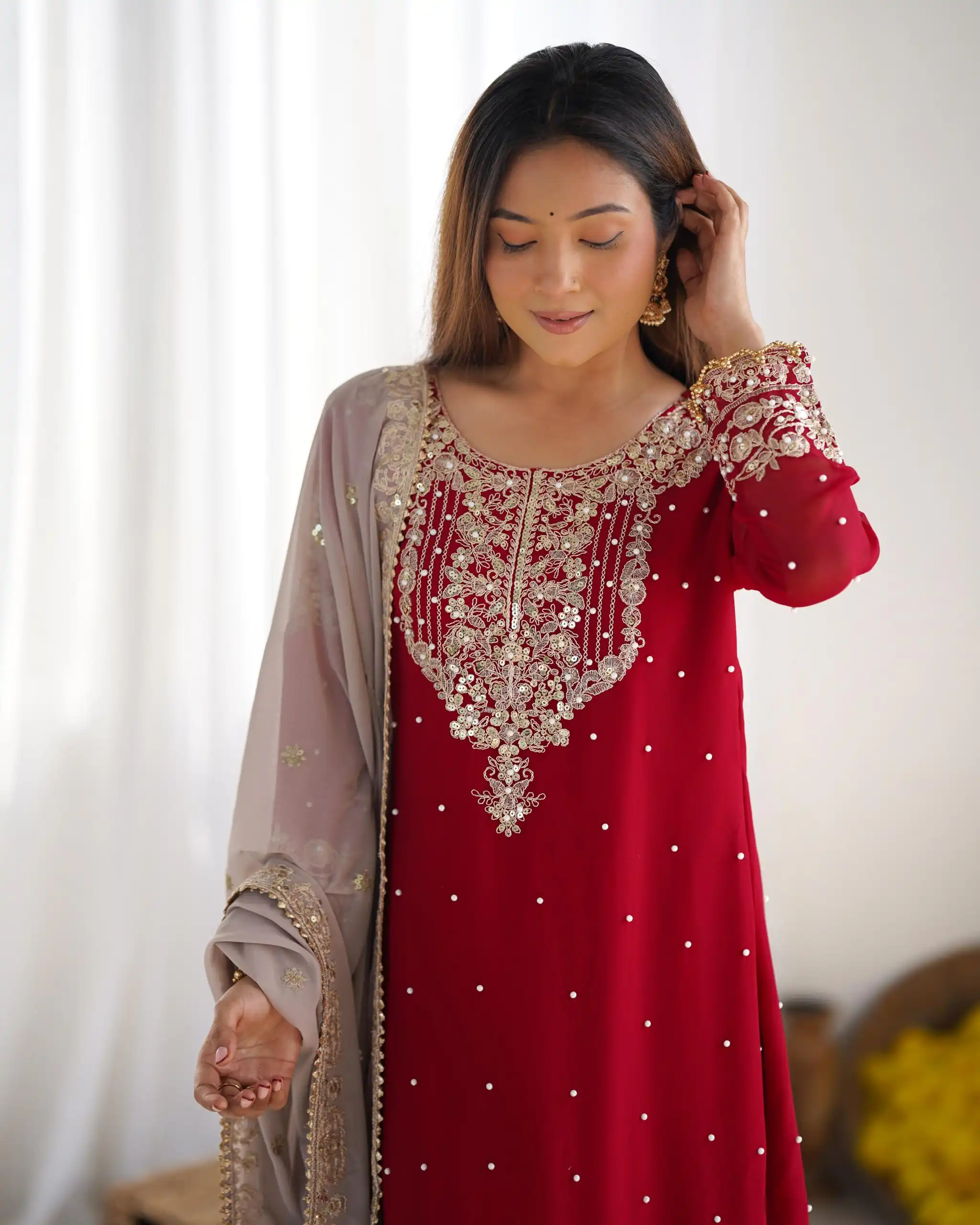 SR 1676 Red Heavy Faux Georgette With Heavy Embroidery Perfect for Wedding, Party, Ethnic Day, Reception, Diwali 4-6 Working Days At 2049/- Only | Jump Suits, Casual Suits, Creative suits, Designer Suits, Palazzo Suits, Party Wear Suits, Patiala Suits, Salwar suit, Straight Suits