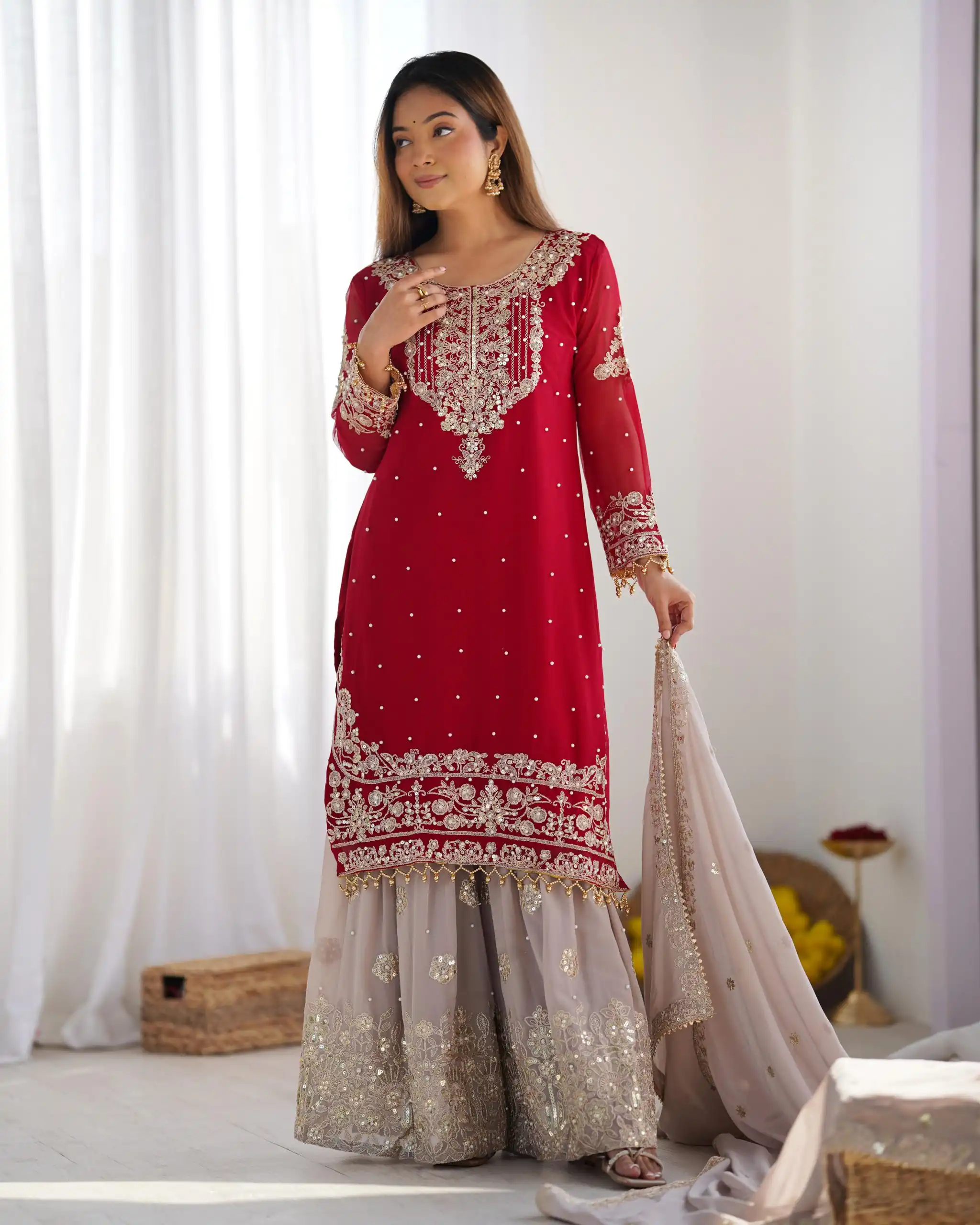 SR 1676 Red Heavy Faux Georgette With Heavy Embroidery Perfect for Wedding, Party, Ethnic Day, Reception, Diwali 4-6 Working Days At 2049/- Only | Jump Suits, Casual Suits, Creative suits, Designer Suits, Palazzo Suits, Party Wear Suits, Patiala Suits, Salwar suit, Straight Suits