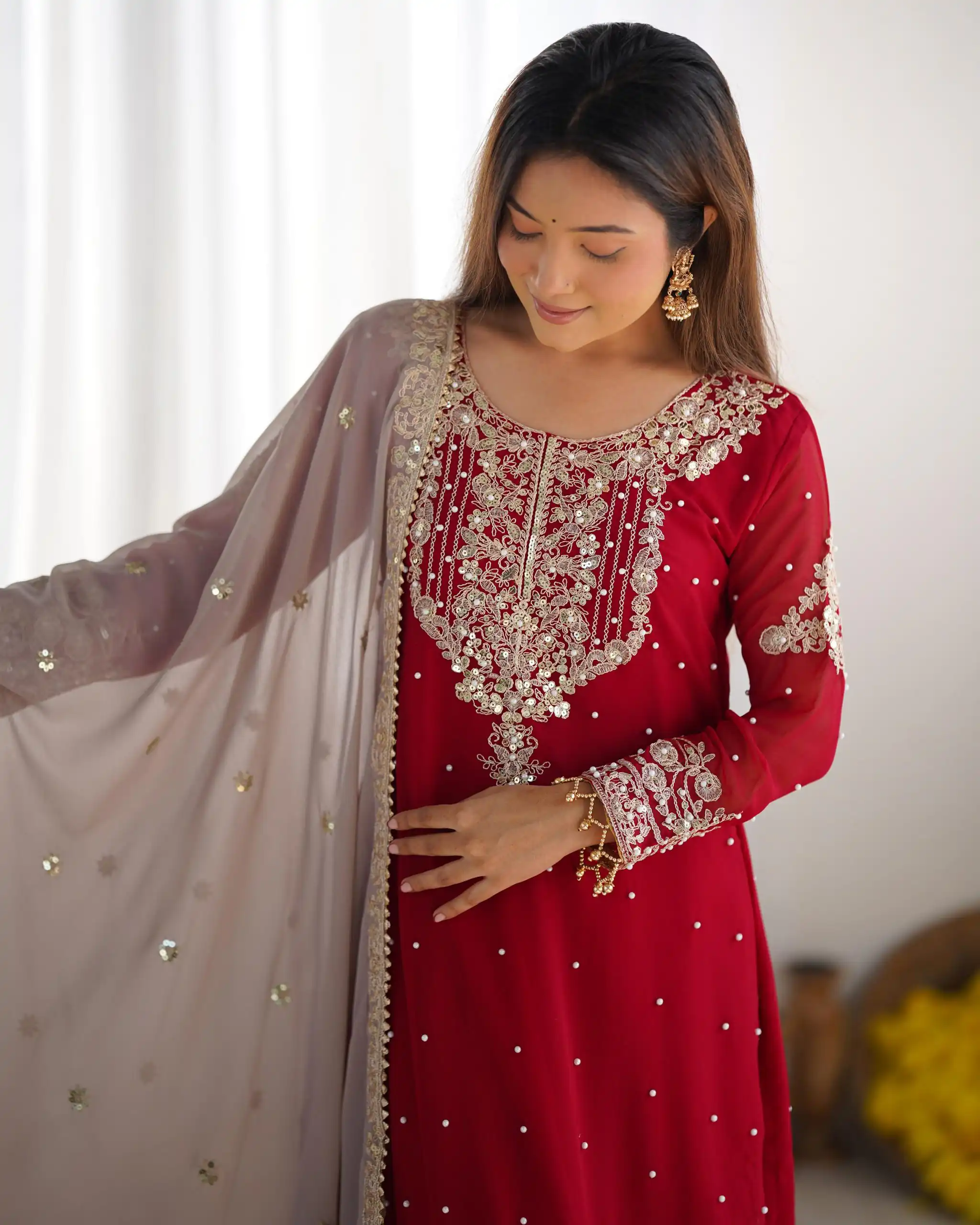 SR 1676 Red Heavy Faux Georgette With Heavy Embroidery Perfect for Wedding, Party, Ethnic Day, Reception, Diwali 4-6 Working Days At 2049/- Only | Jump Suits, Casual Suits, Creative suits, Designer Suits, Palazzo Suits, Party Wear Suits, Patiala Suits, Salwar suit, Straight Suits