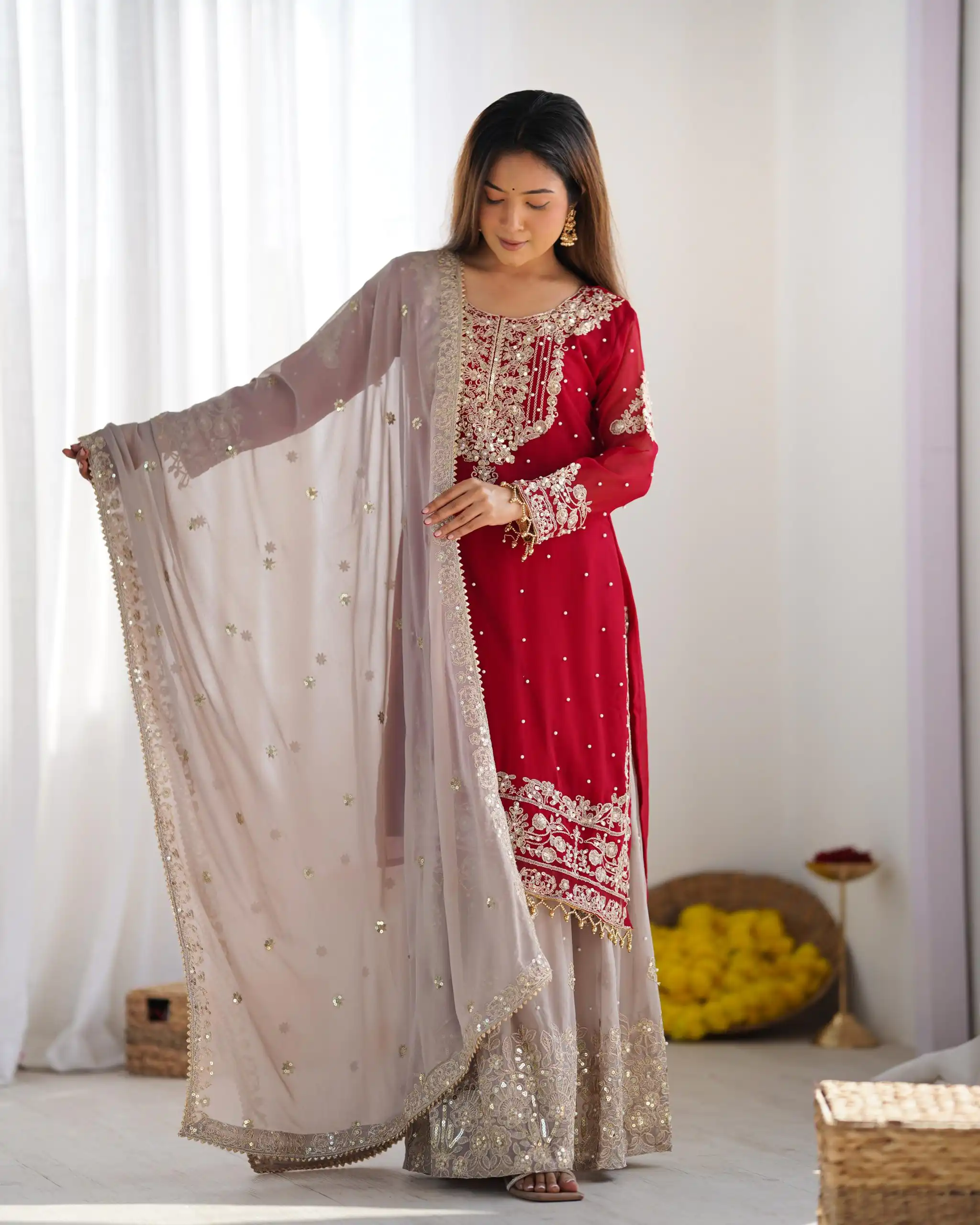 SR 1676 Red Heavy Faux Georgette With Heavy Embroidery Perfect for Wedding, Party, Ethnic Day, Reception, Diwali 4-6 Working Days At 2049/- Only | Jump Suits, Casual Suits, Creative suits, Designer Suits, Palazzo Suits, Party Wear Suits, Patiala Suits, Salwar suit, Straight Suits