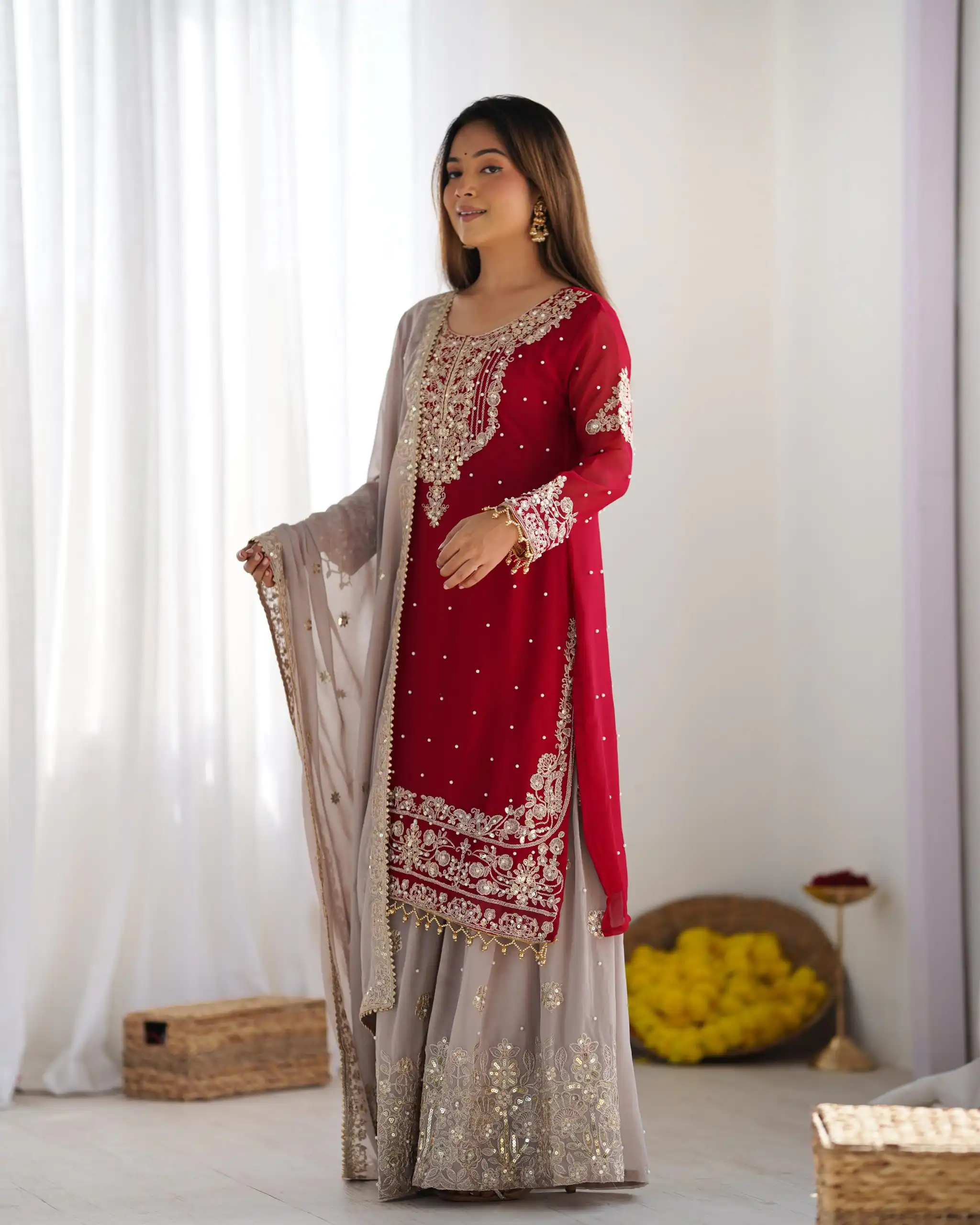 SR 1676 Red Heavy Faux Georgette With Heavy Embroidery Perfect for Wedding, Party, Ethnic Day, Reception, Diwali 4-6 Working Days At 2049/- Only | Jump Suits, Casual Suits, Creative suits, Designer Suits, Palazzo Suits, Party Wear Suits, Patiala Suits, Salwar suit, Straight Suits
